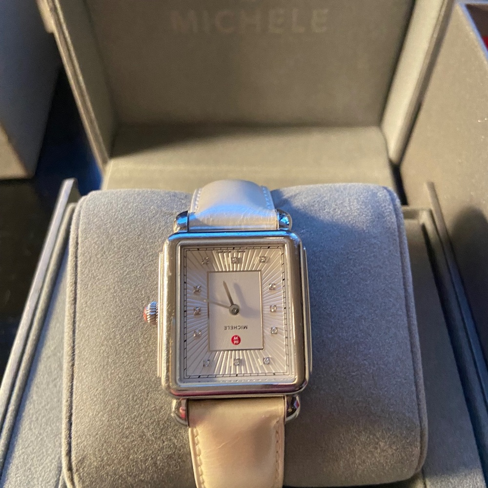 PRE OWNED Michele Deco II Diamond Watch with off white pearlized leather band